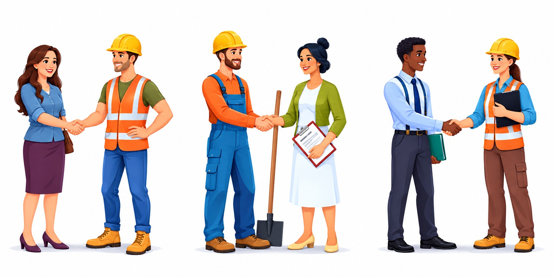 Contractors and clients shaking hands after a successful connection